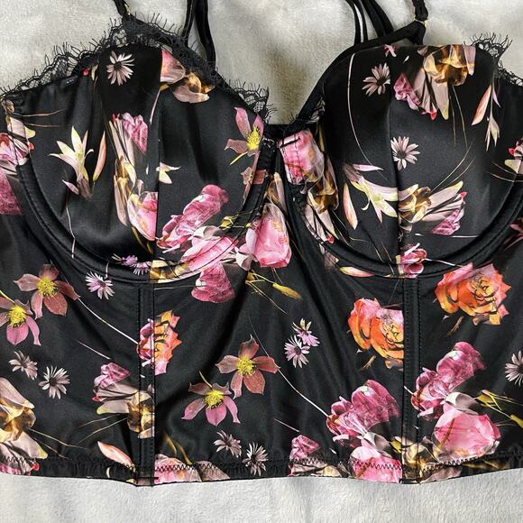 Victorias Secret Very Sexy Black Floral Satin Bustier Corset Top 32D Zipper NWT - Picture 2 of 13